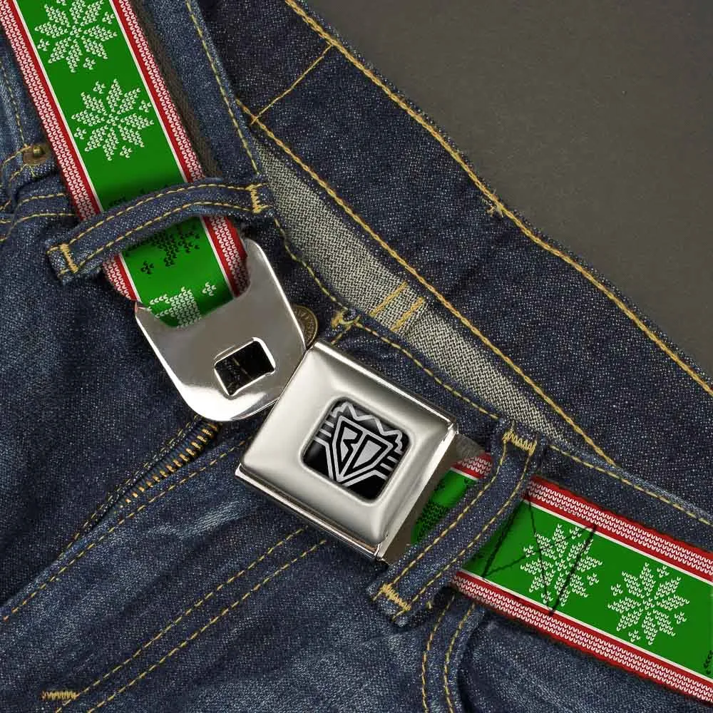 BD Wings Logo CLOSE-UP Full Color Black Silver Seatbelt Belt - Christmas Stitch Moose/Snowflakes Red/Green Webbing