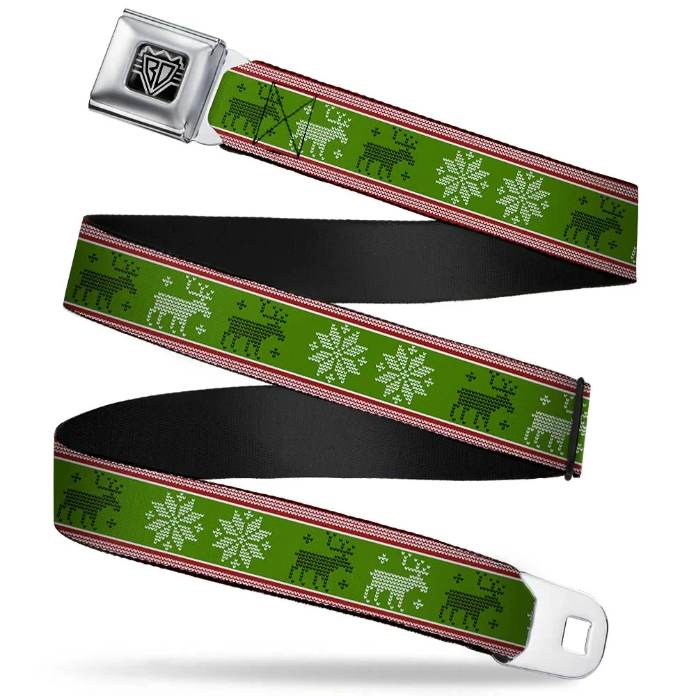 BD Wings Logo CLOSE-UP Full Color Black Silver Seatbelt Belt - Christmas Stitch Moose/Snowflakes Red/Green Webbing