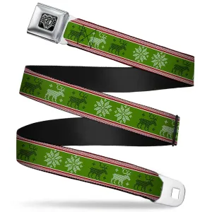 BD Wings Logo CLOSE-UP Full Color Black Silver Seatbelt Belt - Christmas Stitch Moose/Snowflakes Red/Green Webbing