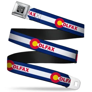 BD Wings Logo CLOSE-UP Full Color Black Silver Seatbelt Belt - Colfax Colorado Flag Webbing
