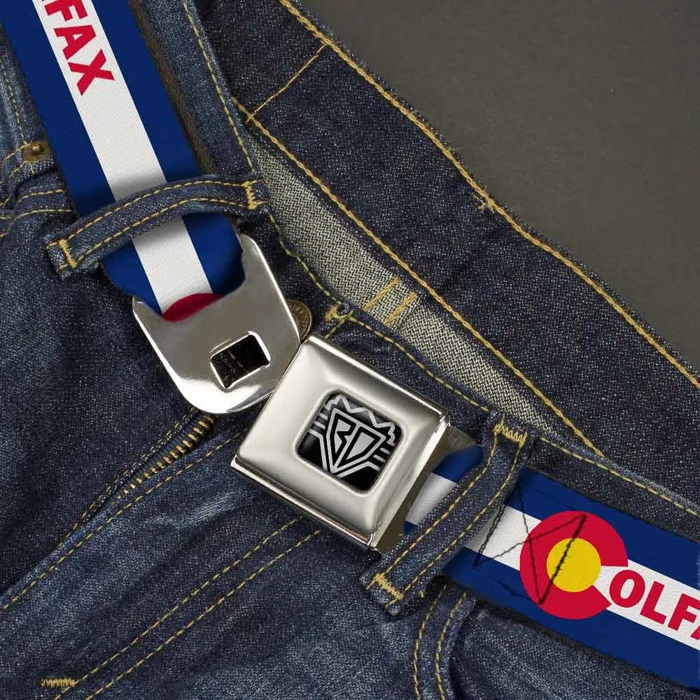 BD Wings Logo CLOSE-UP Full Color Black Silver Seatbelt Belt - Colfax Colorado Flag Webbing