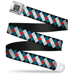 BD Wings Logo CLOSE-UP Full Color Black Silver Seatbelt Belt - Diamond Plaid Blues/Khaki/Red Webbing