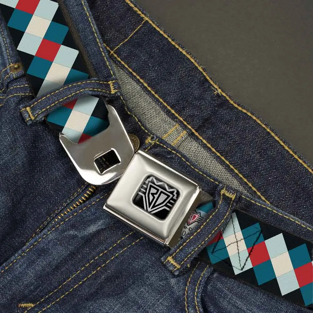 BD Wings Logo CLOSE-UP Full Color Black Silver Seatbelt Belt - Diamond Plaid Blues/Khaki/Red Webbing