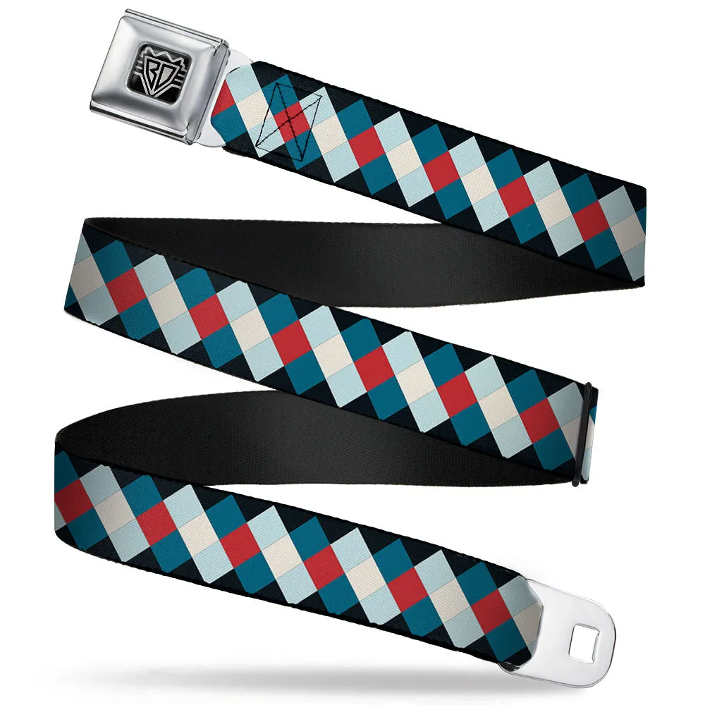 BD Wings Logo CLOSE-UP Full Color Black Silver Seatbelt Belt - Diamond Plaid Blues/Khaki/Red Webbing