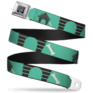 BD Wings Logo CLOSE-UP Full Color Black Silver Seatbelt Belt - Dog House & Bone Turquoise/Brown Webbing