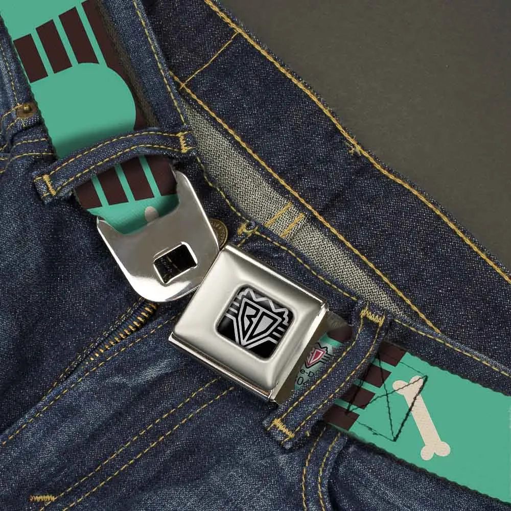 BD Wings Logo CLOSE-UP Full Color Black Silver Seatbelt Belt - Dog House & Bone Turquoise/Brown Webbing
