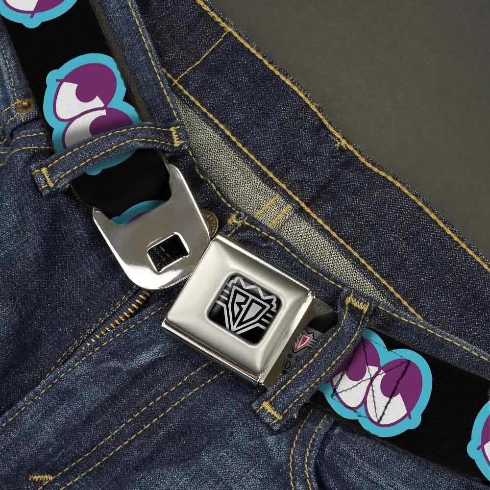 BD Wings Logo CLOSE-UP Full Color Black Silver Seatbelt Belt - Dopey Eyes Black/Baby Blue/Purple Webbing