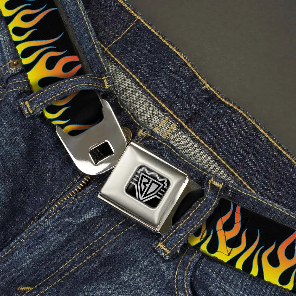 BD Wings Logo CLOSE-UP Full Color Black Silver Seatbelt Belt - Flames Black/Yellow/Orange Webbing