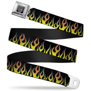 BD Wings Logo CLOSE-UP Full Color Black Silver Seatbelt Belt - Flames Black/Yellow/Orange Webbing