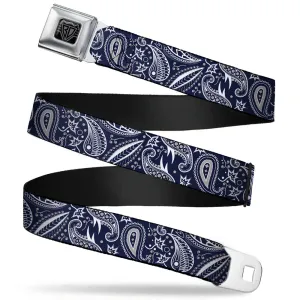 BD Wings Logo CLOSE-UP Full Color Black Silver Seatbelt Belt - Floral Paisley3 Blue/White/Gray Webbing