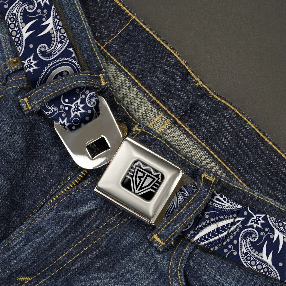 BD Wings Logo CLOSE-UP Full Color Black Silver Seatbelt Belt - Floral Paisley3 Blue/White/Gray Webbing