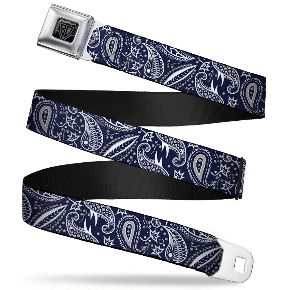 BD Wings Logo CLOSE-UP Full Color Black Silver Seatbelt Belt - Floral Paisley3 Blue/White/Gray Webbing