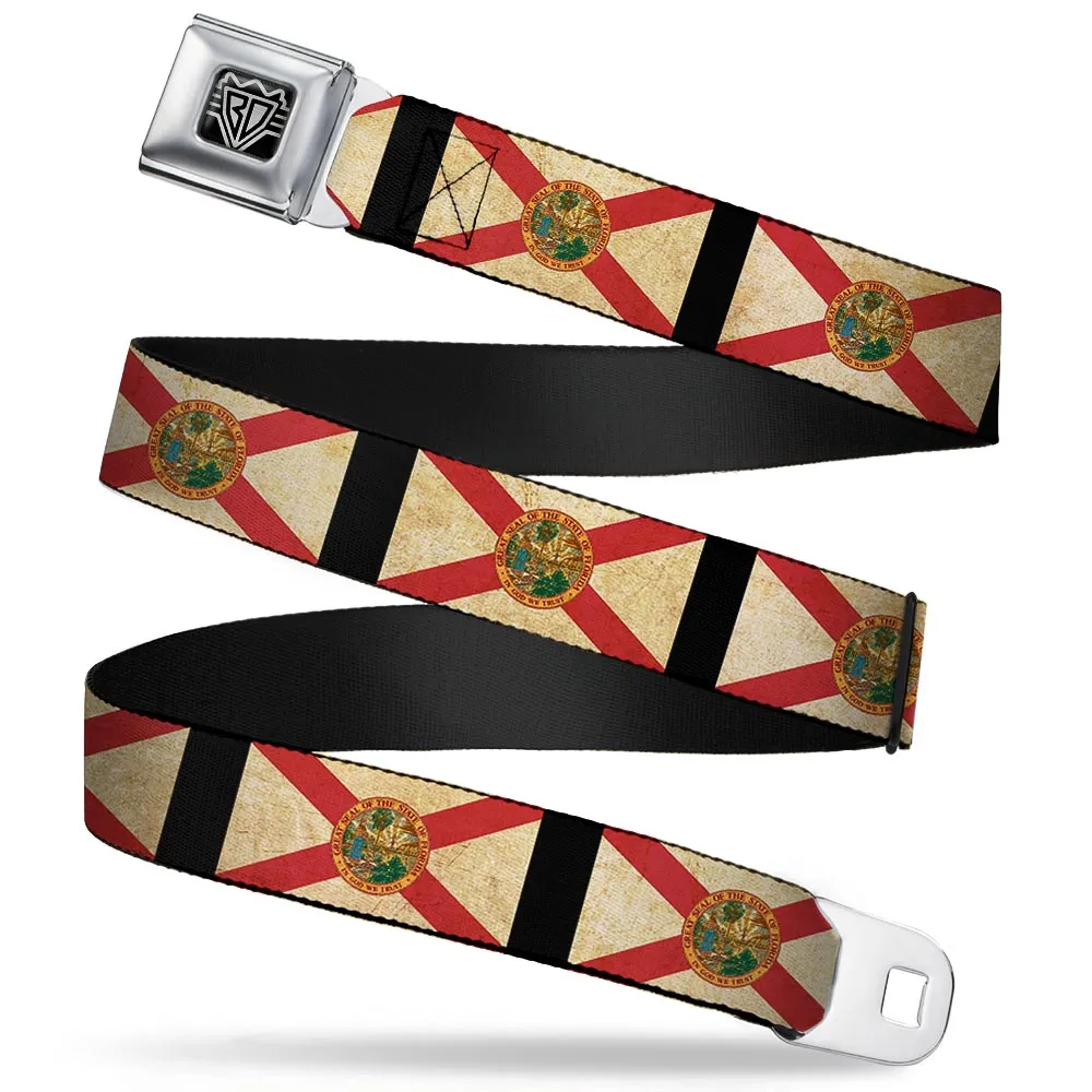 BD Wings Logo CLOSE-UP Full Color Black Silver Seatbelt Belt - Florida Flags/Black Webbing