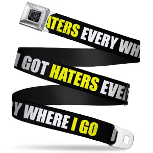 BD Wings Logo CLOSE-UP Full Color Black Silver Seatbelt Belt - I GOT HATERS EVERYWHERE Black/White/Yellow Webbing