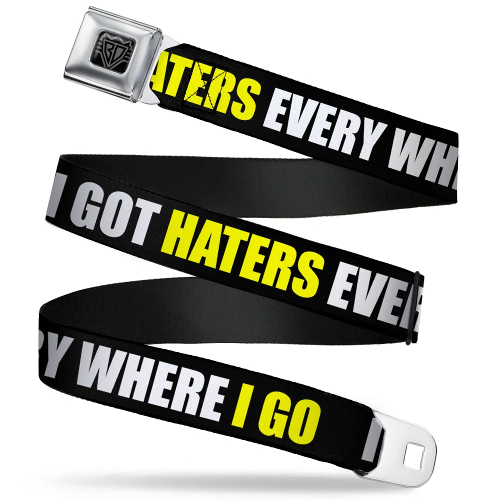 BD Wings Logo CLOSE-UP Full Color Black Silver Seatbelt Belt - I GOT HATERS EVERYWHERE Black/White/Yellow Webbing