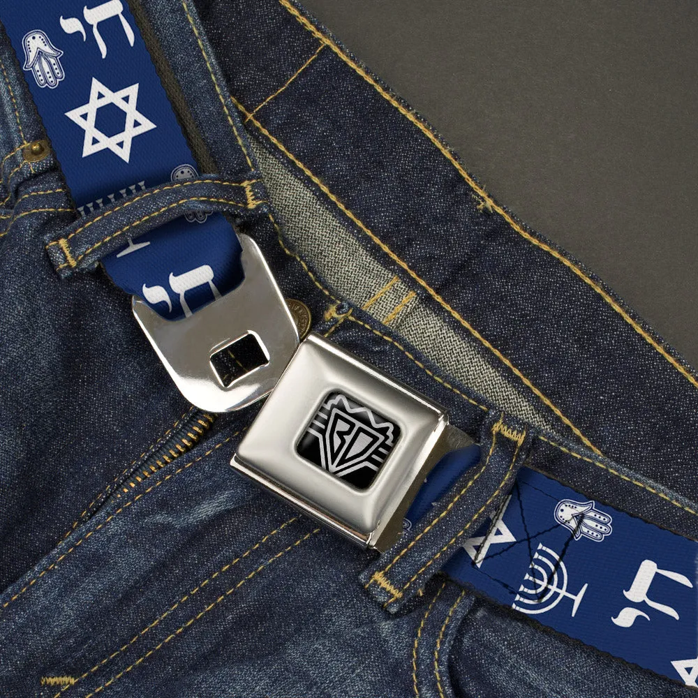 BD Wings Logo CLOSE-UP Full Color Black Silver Seatbelt Belt - Jewish Symbols-4 Blue/White Webbing
