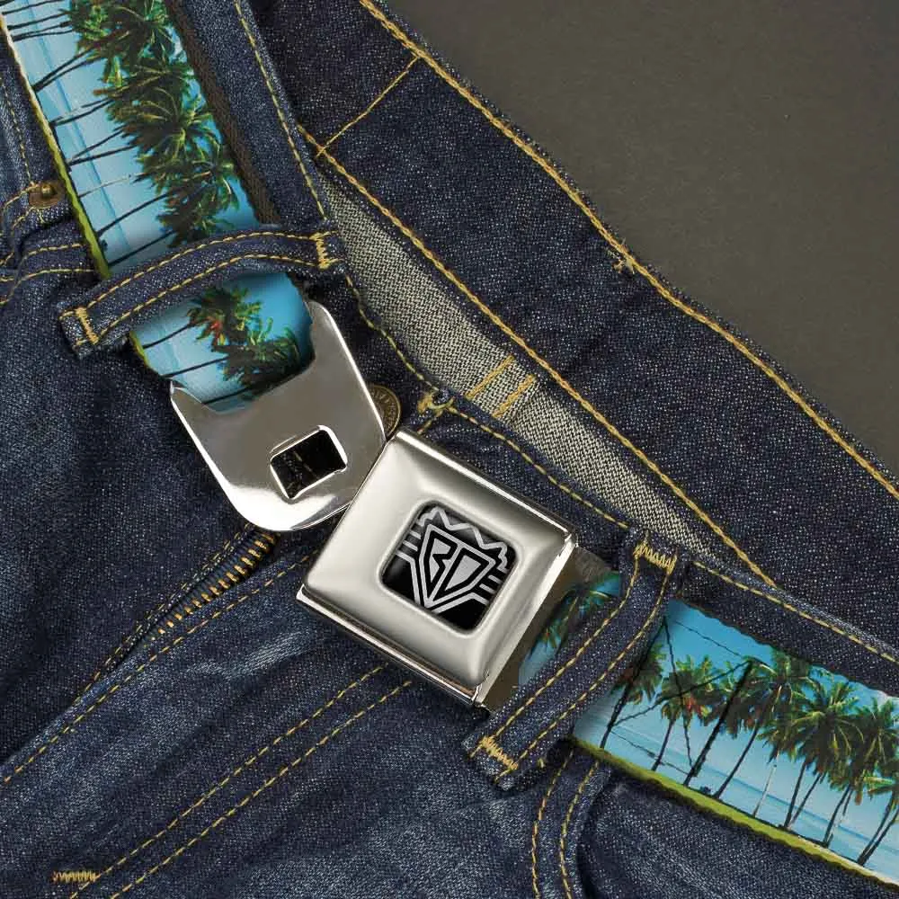 BD Wings Logo CLOSE-UP Full Color Black Silver Seatbelt Belt - Landscape Beach Palm Trees Webbing