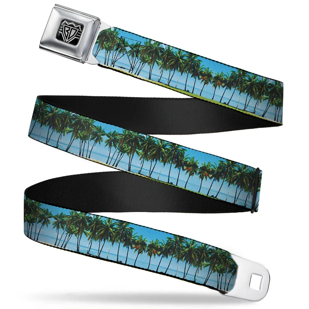BD Wings Logo CLOSE-UP Full Color Black Silver Seatbelt Belt - Landscape Beach Palm Trees Webbing