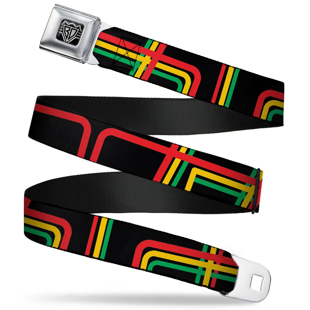 BD Wings Logo CLOSE-UP Full Color Black Silver Seatbelt Belt - Maze Lines Black/Rasta Webbing