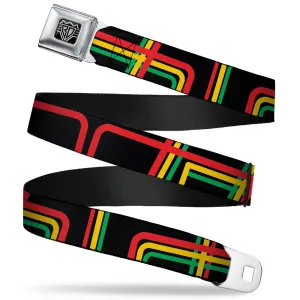 BD Wings Logo CLOSE-UP Full Color Black Silver Seatbelt Belt - Maze Lines Black/Rasta Webbing