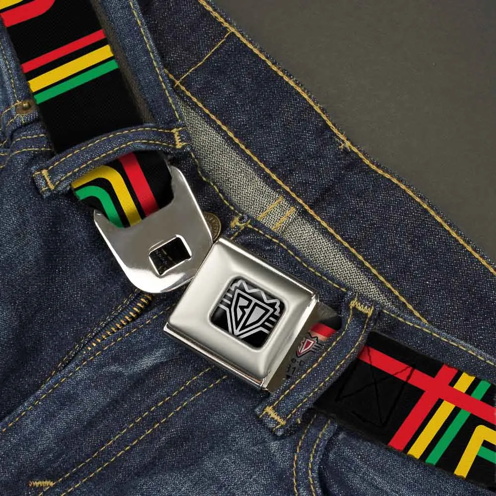 BD Wings Logo CLOSE-UP Full Color Black Silver Seatbelt Belt - Maze Lines Black/Rasta Webbing