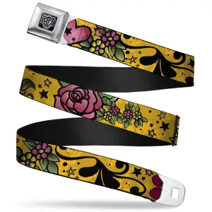 BD Wings Logo CLOSE-UP Full Color Black Silver Seatbelt Belt - Mom & Dad CLOSE-UP Yellow Webbing