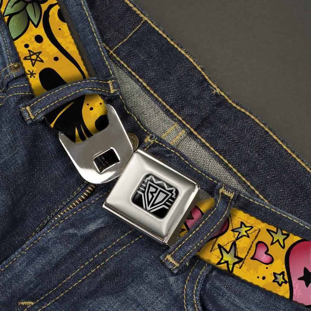 BD Wings Logo CLOSE-UP Full Color Black Silver Seatbelt Belt - Mom & Dad CLOSE-UP Yellow Webbing