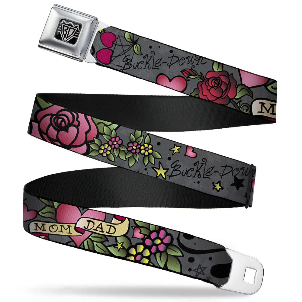 BD Wings Logo CLOSE-UP Full Color Black Silver Seatbelt Belt - Mom & Dad Gray Webbing