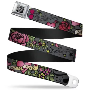 BD Wings Logo CLOSE-UP Full Color Black Silver Seatbelt Belt - Mom & Dad Gray Webbing
