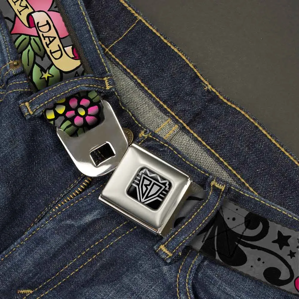 BD Wings Logo CLOSE-UP Full Color Black Silver Seatbelt Belt - Mom & Dad Gray Webbing