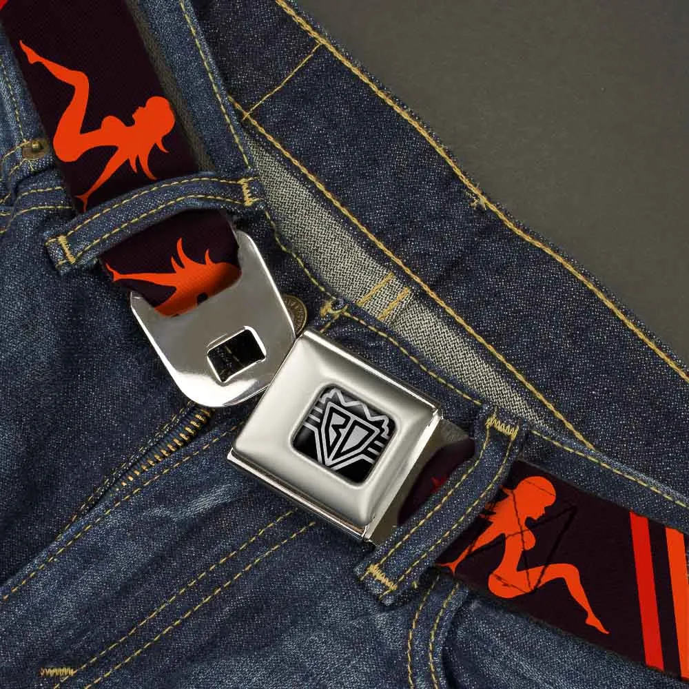 BD Wings Logo CLOSE-UP Full Color Black Silver Seatbelt Belt - Mud Flap Girls w/Stripes Black/Red/Orange Webbing