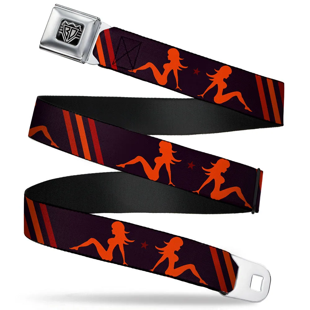 BD Wings Logo CLOSE-UP Full Color Black Silver Seatbelt Belt - Mud Flap Girls w/Stripes Black/Red/Orange Webbing