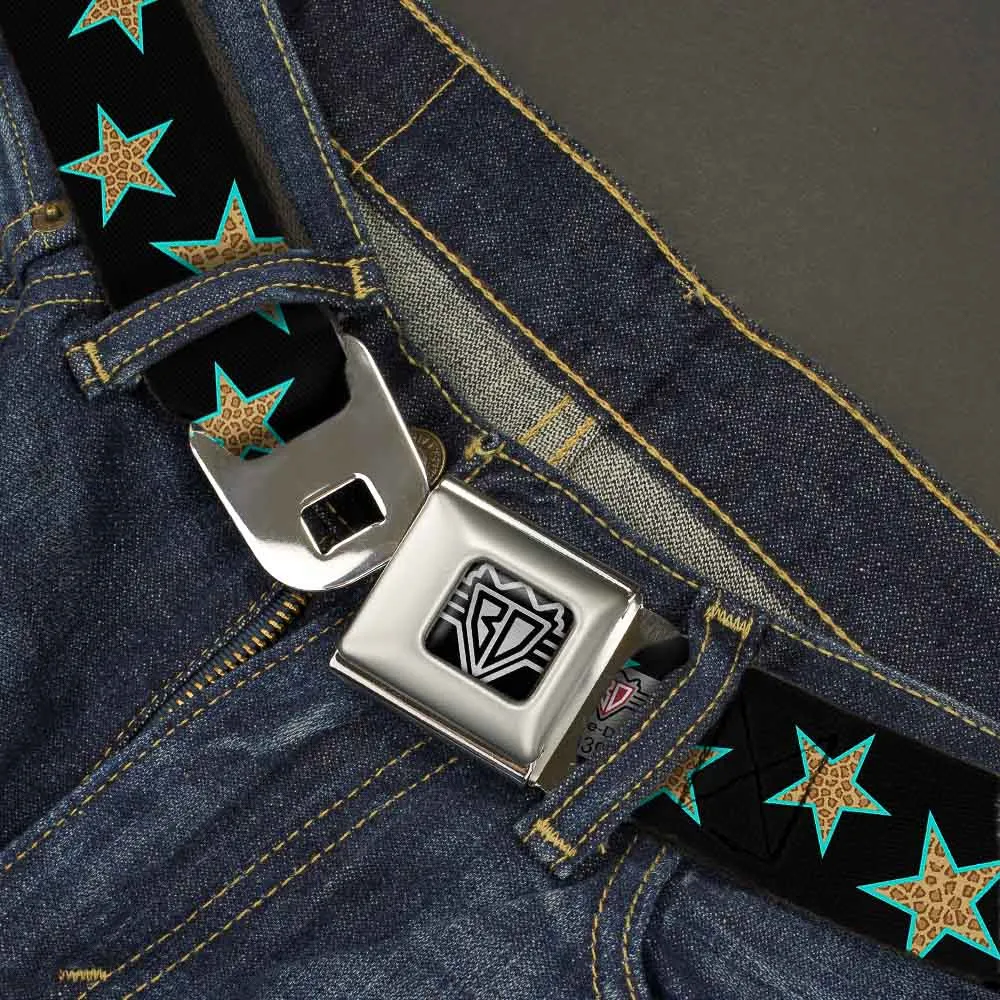 BD Wings Logo CLOSE-UP Full Color Black Silver Seatbelt Belt - Multi Stars Black/Leopard/Baby Blue Outline Webbing
