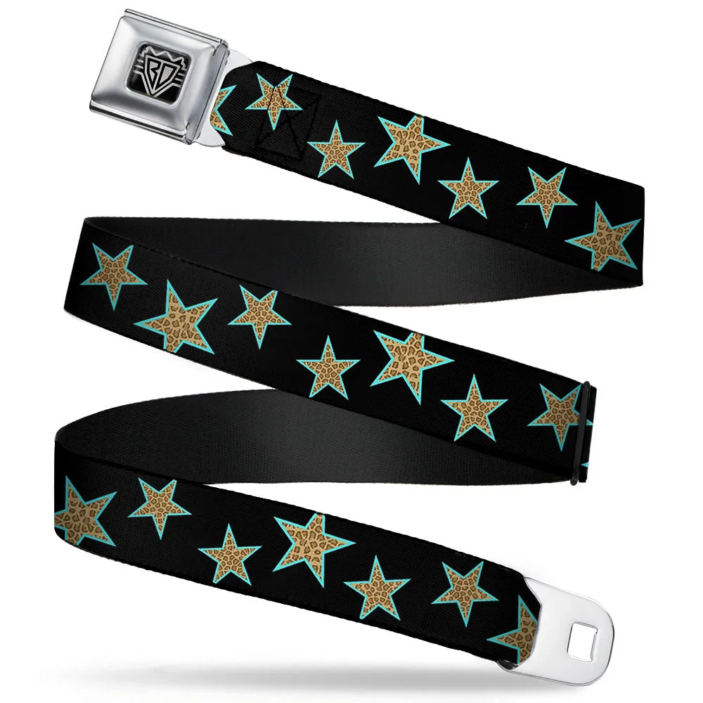 BD Wings Logo CLOSE-UP Full Color Black Silver Seatbelt Belt - Multi Stars Black/Leopard/Baby Blue Outline Webbing