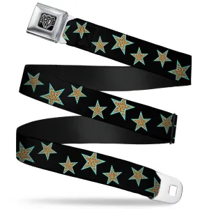 BD Wings Logo CLOSE-UP Full Color Black Silver Seatbelt Belt - Multi Stars Black/Leopard/Baby Blue Outline Webbing