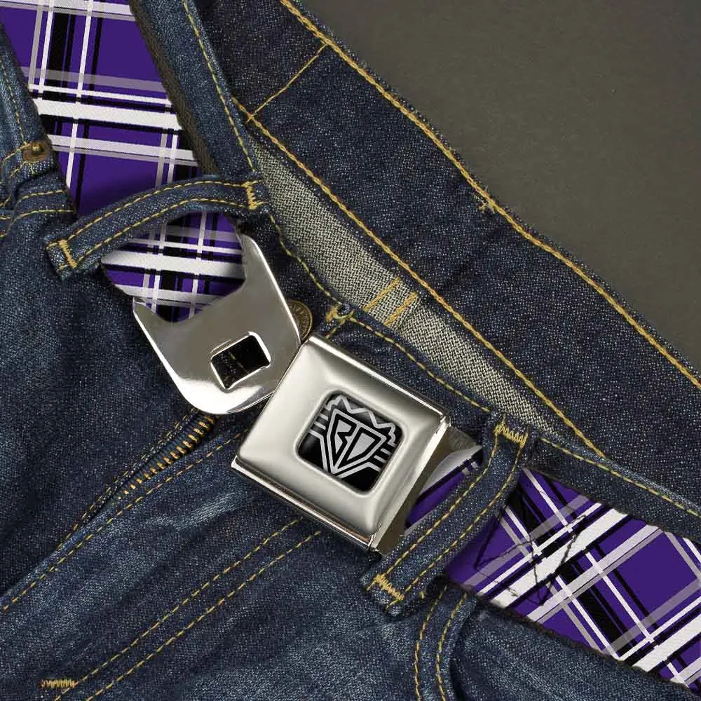 BD Wings Logo CLOSE-UP Full Color Black Silver Seatbelt Belt - Plaid X2 Purple/Gray/White/Black Webbing