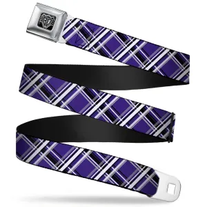 BD Wings Logo CLOSE-UP Full Color Black Silver Seatbelt Belt - Plaid X2 Purple/Gray/White/Black Webbing