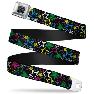 BD Wings Logo CLOSE-UP Full Color Black Silver Seatbelt Belt - Sketch Stars Black/Multi Color Webbing