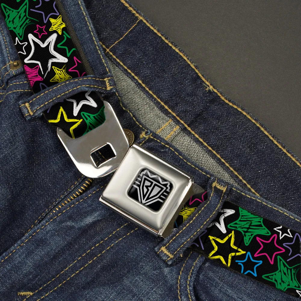 BD Wings Logo CLOSE-UP Full Color Black Silver Seatbelt Belt - Sketch Stars Black/Multi Color Webbing
