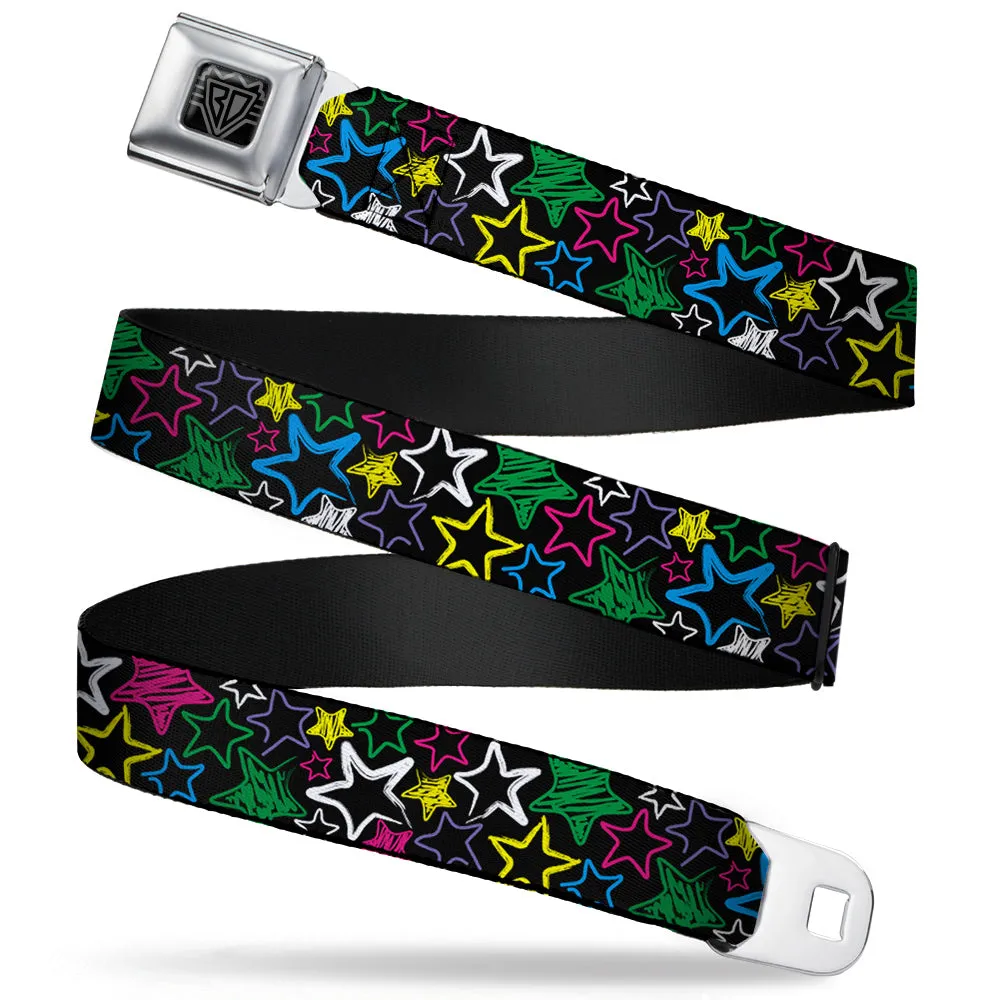 BD Wings Logo CLOSE-UP Full Color Black Silver Seatbelt Belt - Sketch Stars Black/Multi Color Webbing