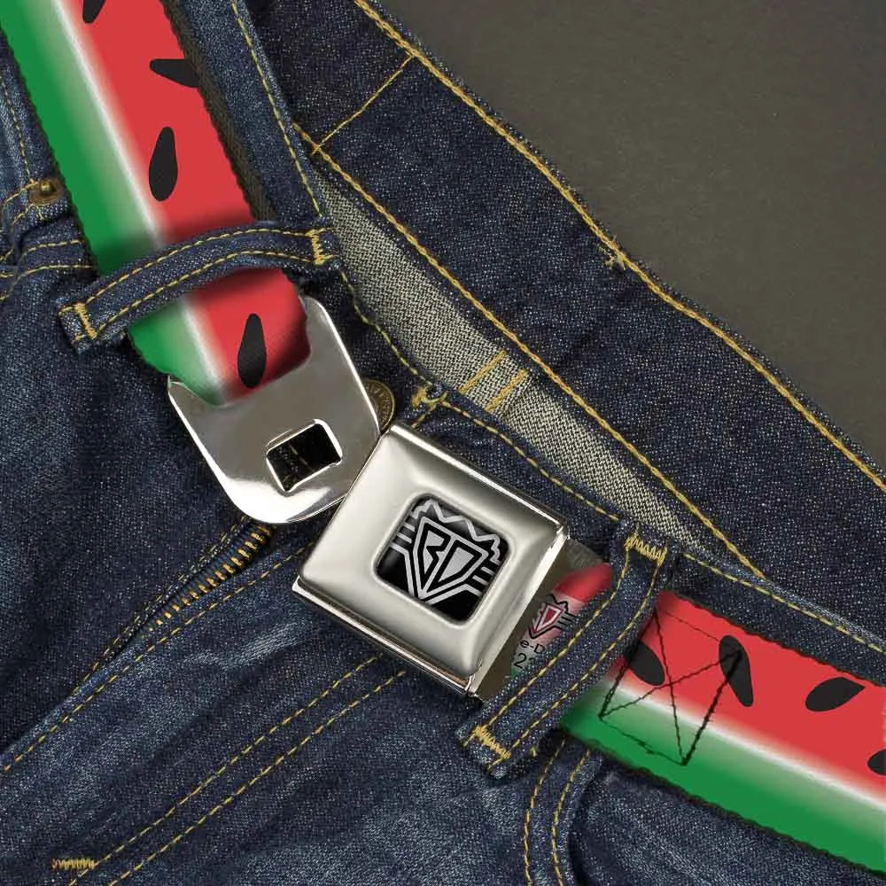 BD Wings Logo CLOSE-UP Full Color Black Silver Seatbelt Belt - Watermelon Stripe Red/Green/Black Webbing