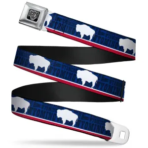 BD Wings Logo CLOSE-UP Full Color Black Silver Seatbelt Belt - Wyoming Flags/WYOMING Typography Webbing