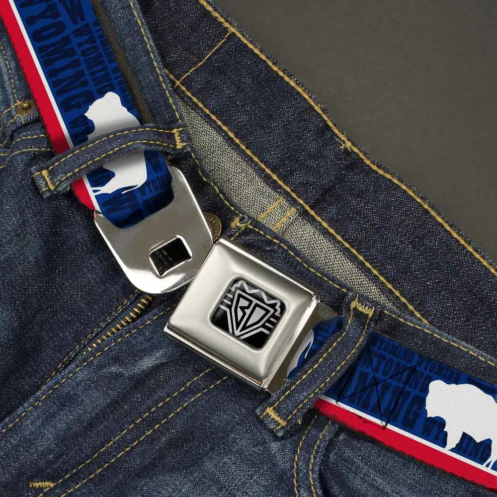 BD Wings Logo CLOSE-UP Full Color Black Silver Seatbelt Belt - Wyoming Flags/WYOMING Typography Webbing