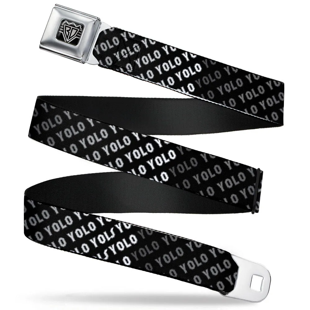 BD Wings Logo CLOSE-UP Full Color Black Silver Seatbelt Belt - YOLO Diagonal Black/Gray/White Webbing