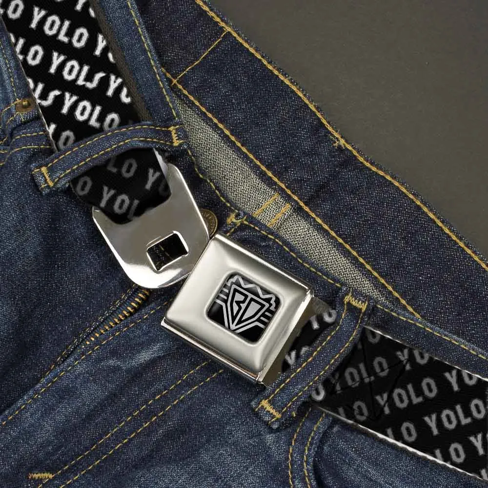 BD Wings Logo CLOSE-UP Full Color Black Silver Seatbelt Belt - YOLO Diagonal Black/Gray/White Webbing