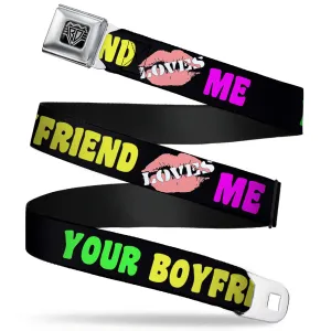 BD Wings Logo CLOSE-UP Full Color Black Silver Seatbelt Belt - YOUR BOYFRIEND LOVES ME w/Kiss Black/Neon Webbing