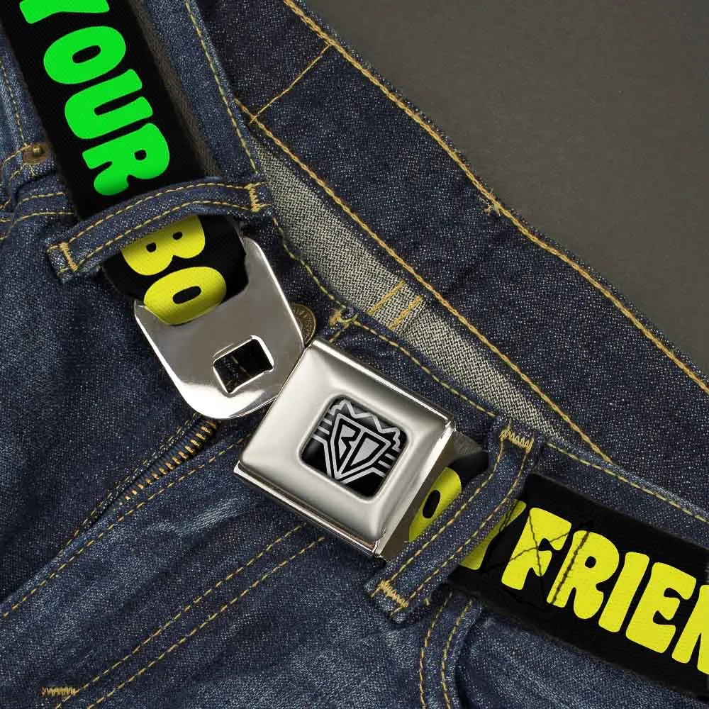 BD Wings Logo CLOSE-UP Full Color Black Silver Seatbelt Belt - YOUR BOYFRIEND LOVES ME w/Kiss Black/Neon Webbing
