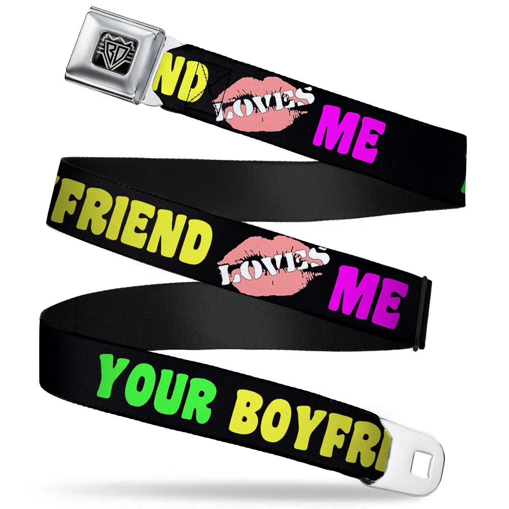 BD Wings Logo CLOSE-UP Full Color Black Silver Seatbelt Belt - YOUR BOYFRIEND LOVES ME w/Kiss Black/Neon Webbing