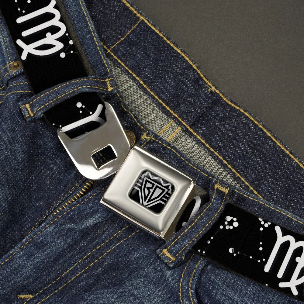 BD Wings Logo CLOSE-UP Full Color Black Silver Seatbelt Belt - Zodiac Virgo Symbol/Constellations Black/White Webbing