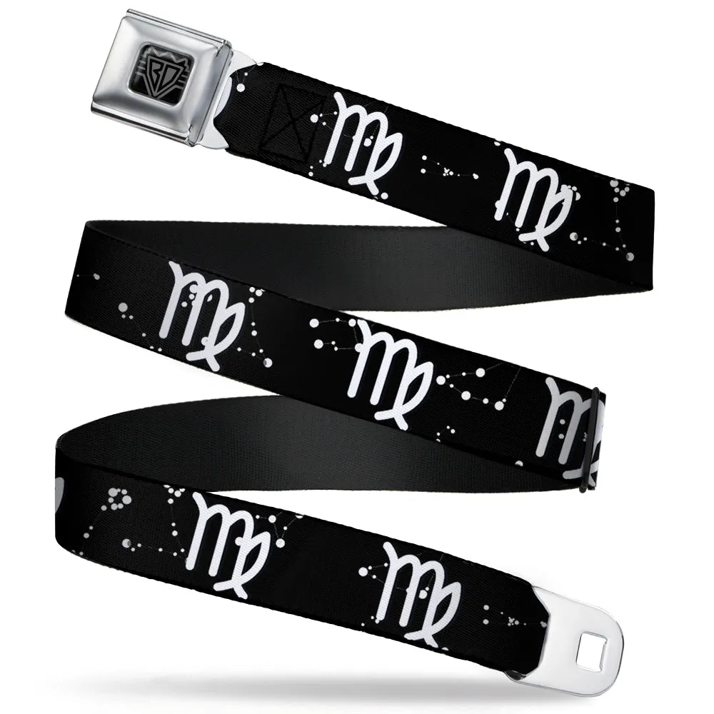 BD Wings Logo CLOSE-UP Full Color Black Silver Seatbelt Belt - Zodiac Virgo Symbol/Constellations Black/White Webbing